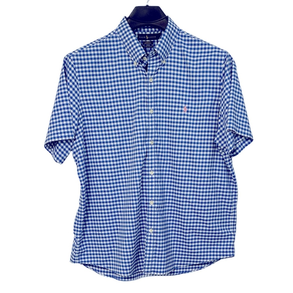 Ralph Lauren Classic Fit XXL blue & white gingham short sleeve performance shirt